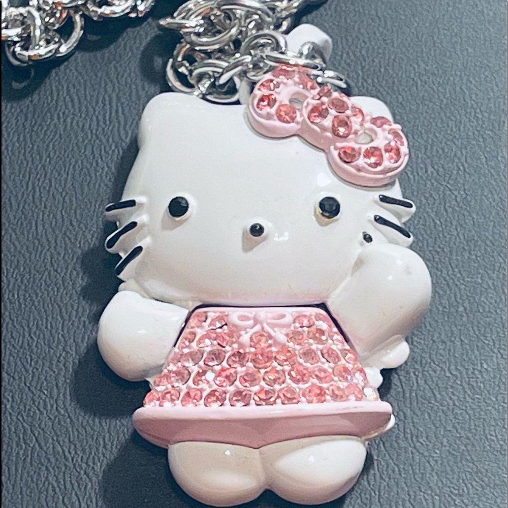 Hello Kitty Fashion 3-D Enameled Pink Rhinestone Necklace Puffy Silver